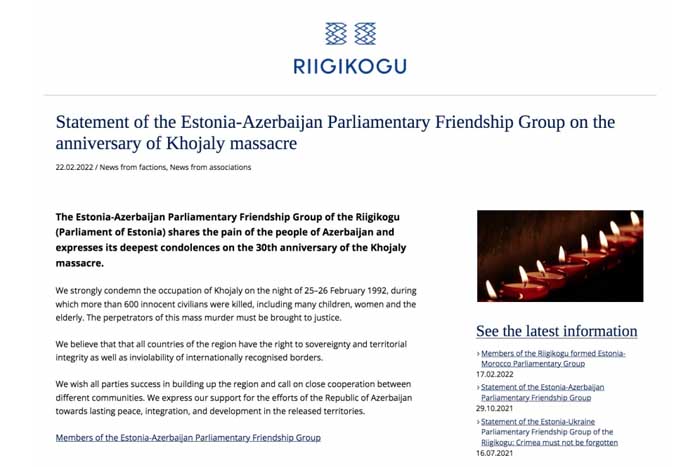 Estoniya-Azərbaycan parlamentlərarası dostluq qrupu Xocalı soyqırımının ildönümü ilə bağlı bəyanat yayıb